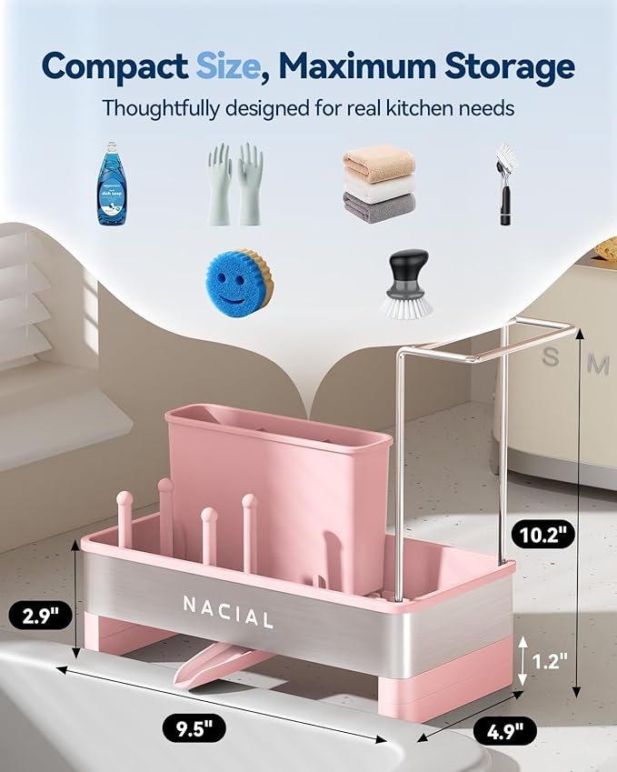 Nacial Sponge Holder for Kitchen Sink, Sink Caddy Organizer with High Brush Holder & Two Towel Racks - Rustproof 304 Stainless Steel Kitchen Countertop Storage Essentials - Pink
