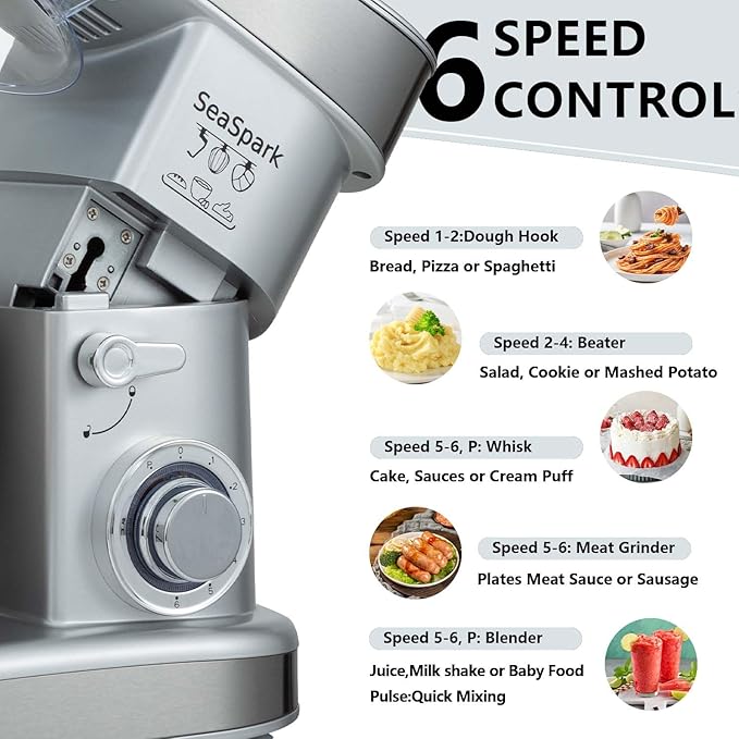 Multifunctional Stand Mixer, 6 in 1 Stand Mixer, 6.3Qt Tilt-head, Standing Mixer with Stainless Steel Bowl, Meat Grinder, Juice Blender, for professional Baking and Most Home Cooks, Silver