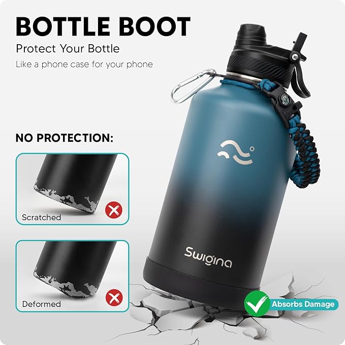Swigina [2-IN-1 LID] 64 oz Insulated Water Bottle with Silicone Boot (48hrs Cold/24hrs Hot) - DIY Stickers, Leakproof, BPA Free, Half Gallon