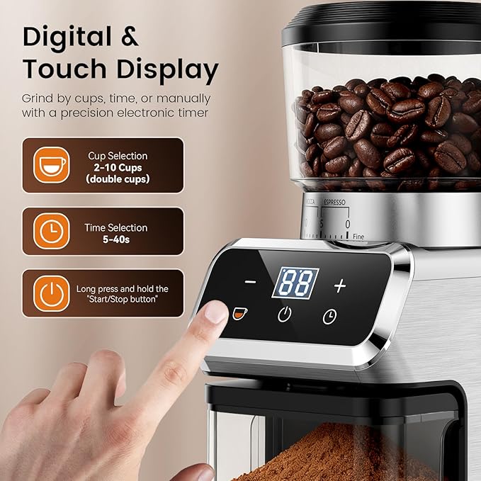 Burr Coffee Grinder Electric, 30 Grinding Settings Emojoy Coffee Bean Grinder, Burr Coffee Grinder for Home Use, Touchscreen and LED Control Panel, Stainless Steel, Conical Burr Grinder