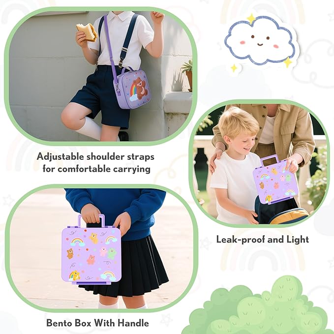 Lunch Box Kids with 5 Compartments, Insulated Food Jar & Utensil & Sauce Container & Lunch Bag & Silicone Collapsible Cup, Leak Proof Bento Box, BPA-Free & Dishwasher Safe-Purple