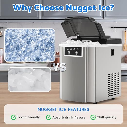Countertop Ice Makers Machine with Basket and Scoop, 38Lbs/24h Soft Chewable Pellet Ice, One-Click Operation, Nugget Ice Maker for Home, Kitchen, Camping, RV, Office and Party,Sliver