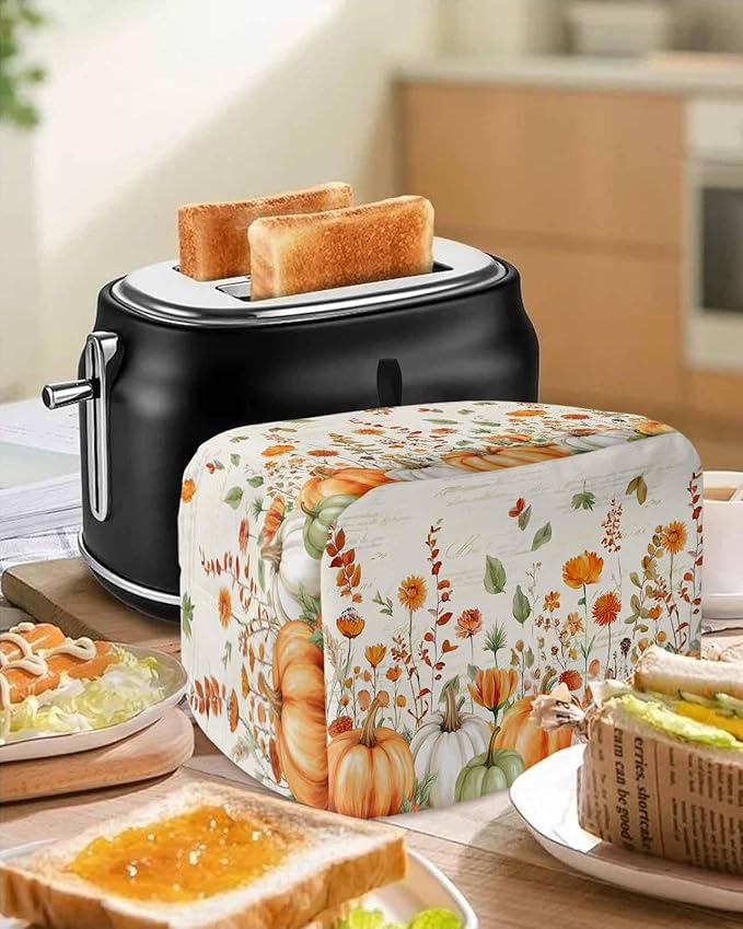 Orange White Pumpkins Fall Toaster Cover 2 Slice, Thanksgiving Botanical Leaves Dustproof Bakeware Oven Protector with Top Hook, Retro Waterproof Small Kitchen Appliance Toasters Dust Cover, 11"x6"x8"