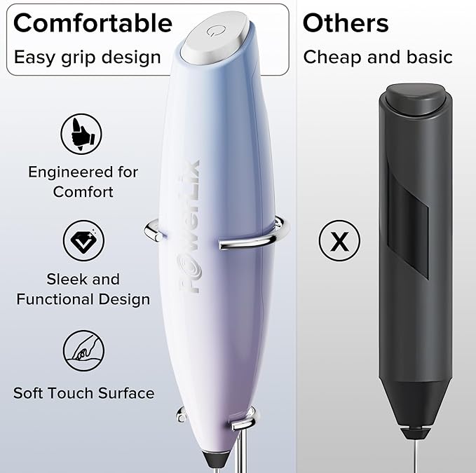 PowerLix Powerful Handheld Milk Frother With Stand Battery Operated Foam Maker Frother Wand For Coffee (Blue)