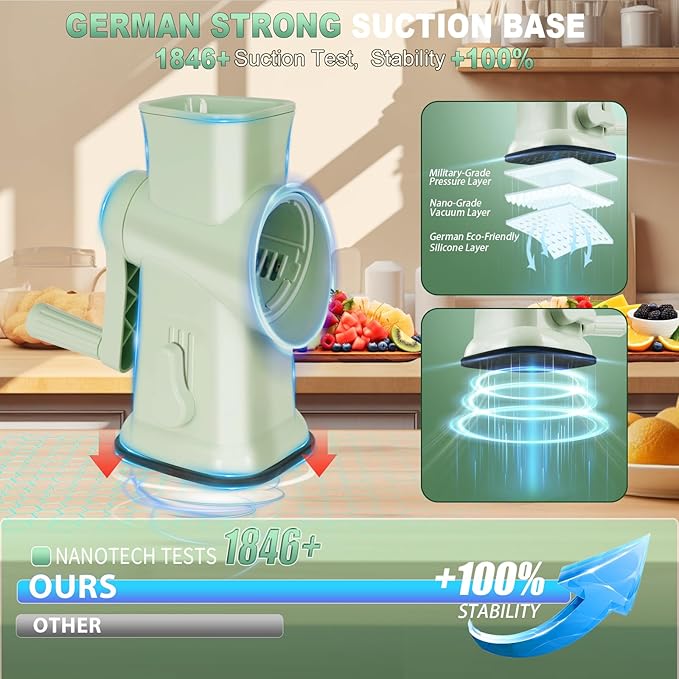 2025 Upgrade 6-In-1 Cheese Grater【 Military-Grade SUS304 Blade - 3S Fast Cut】【SGS Certification - German Nano Strong Suction Base】Cheese Grater Hand Crank Suitable for Home Use (Green)