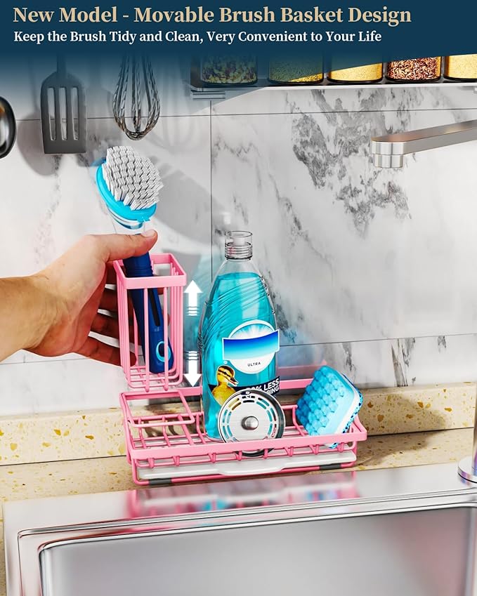 Consumest Sponge Holder for Kitchen Sink - Kitchen Sink Caddy Organizer with Removable Drip Tray for Countertop Dish Soap Dispenser Brush Storage Accessories 304 Stainless Steel, Pink
