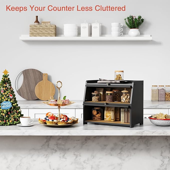 Goozii Large Bread Box for Kitchen Countertop, Black Bread Storage Container for Homemade Bread, Double Layer Farmhouse Breadbox Organizer for Kitchen Counter Cabinet, Pantry, Cupboard (Black)