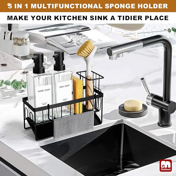 GMISUN Kitchen Soap Dispenser Set, 12 fl oz / 350 ml Dish Soap Dispensers with Sponge Holder, Customized Clear Glass Dish soap Dispenser for Kitchen, Modern Soap Dispensers Set Removable