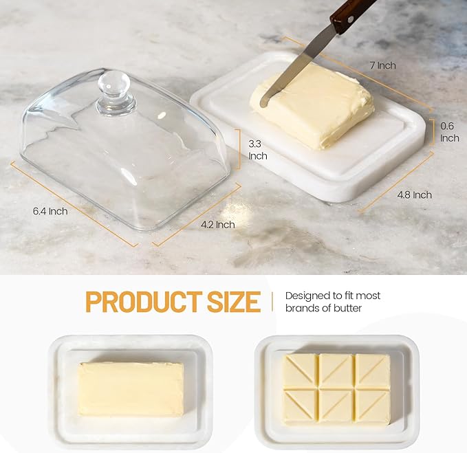Koville White Marble Butter Dish with Lid for Countertop and Refrigerator Door Shelf, White Marble Butter Keeper, Stone Butter Dish with Lid, Airtight Butter Keeper Container, Dishwasher Safe