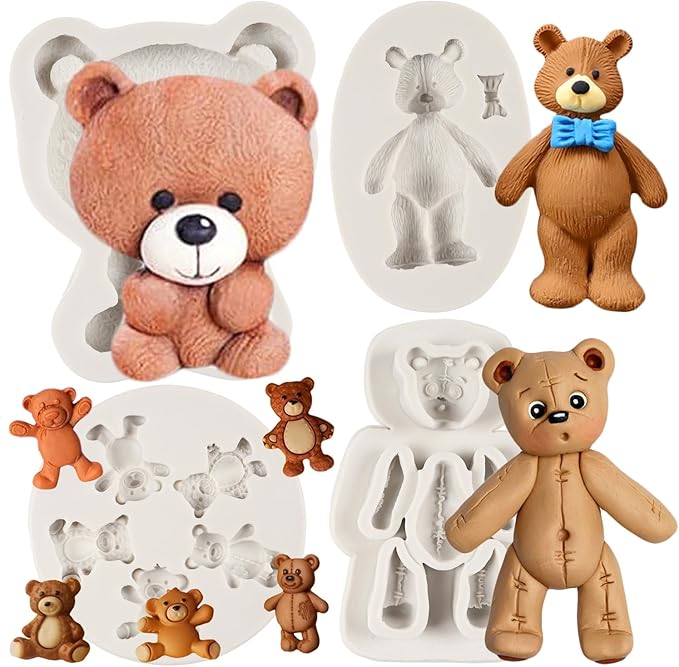 Bear Silicone Fondant Molds Bear Candy Chocolate Molds for Teddy Bears Cake Decoration Cupcake Topper Candy Chocolate Polymer Clay Resin Epoxy Gum Paste Set of 4