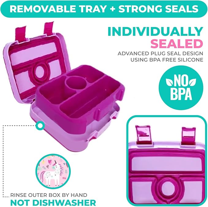 Bento Box Lunch Boxes for Kids Boys Girls, Snack Containers for Toddler Daycare, Pre-School Lunches, 4 Divided Compartments, Pink Unicorn + Blue Space Dinosaur 2 pack