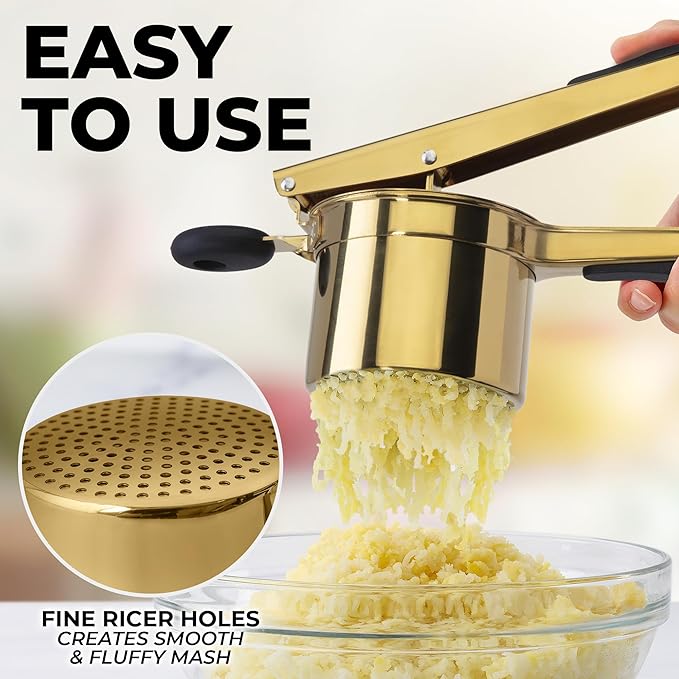 Zulay Kitchen Premium Large 15oz Potato Ricer, Heavy Duty Professional Stainless Steel Potato Masher and Ricer Kitchen Tool, Press and Mash Kitchen Gadget - Gold/Black