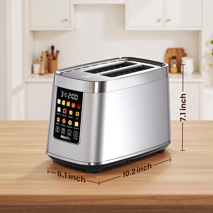 Mecity Motorized Toaster 2 Slice with Touch Screen, Stainless Steel Smart Toaster, 8 Bread Types, 5 Shade Levels, 1200W High Power, Keep Warm Mode, Reheat Defrost Functions, 120V