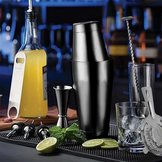Mwellewm Cocktail Shaker Boston Shaker Set 15 Pcs Professional Bartender Kit Bar Shaker Stainless Steel Drink Shaker Bartending Beginner Martini Shaker Tin Mixed Alcohol Shaker Tool(Black)