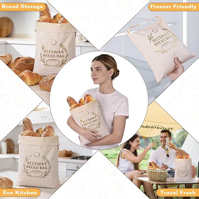 2 Pack XL Reusable Beeswax Bread Bags for Sourdough Baking, Organic Waxed Lined, Cotton Bread Bags for Homemade Bread, Food-Storage Bag to Keep Fresh