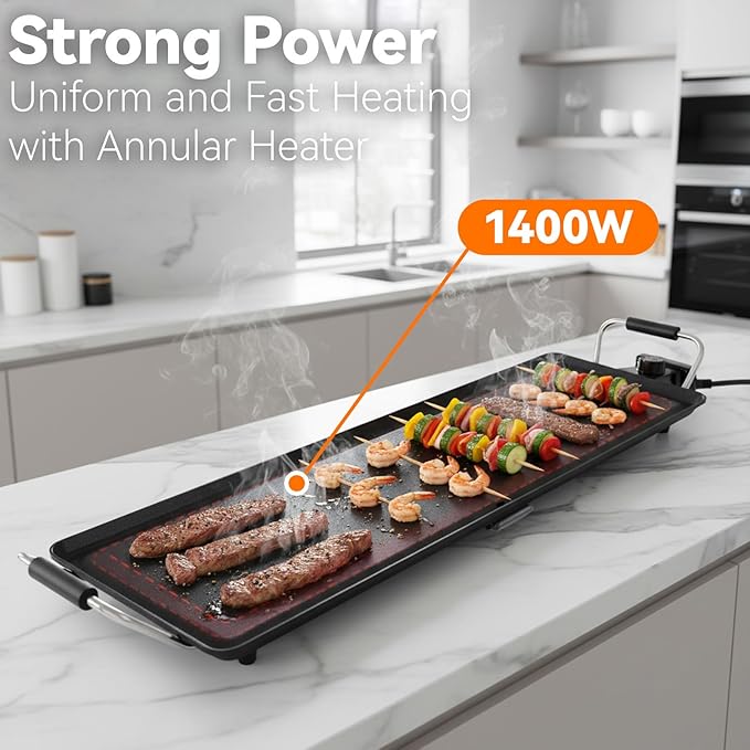 30-Inch Electric Griddle & Teppanyaki Grill, 1400W Large Non-Stick Surface, Intelligent Temperature Control, Easy to Clean. Indoor/Outdoor Use for Pancakes, BBQ, Camping & Gatherings