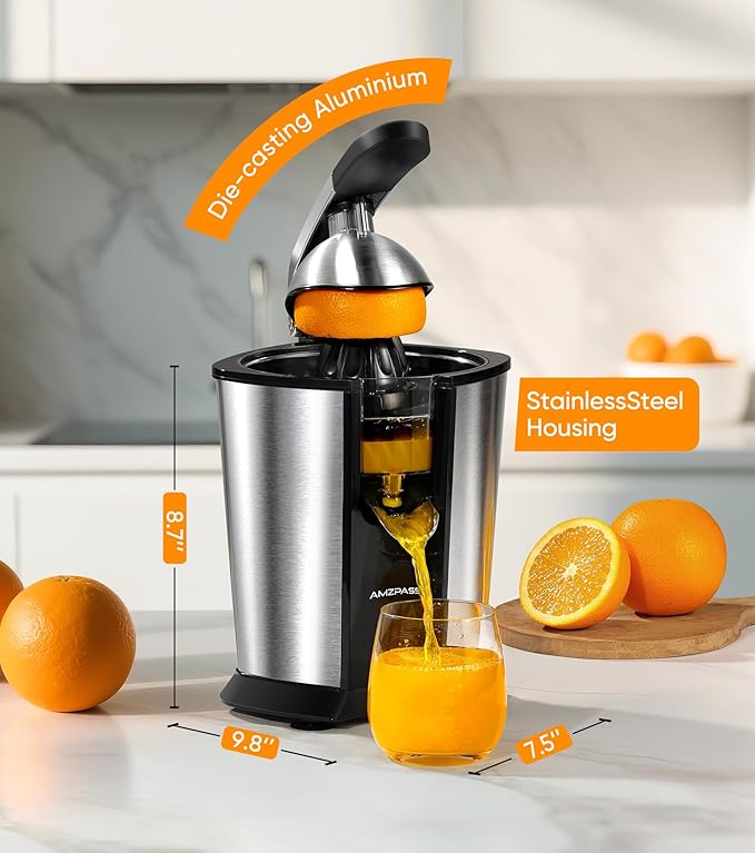 Electric Orange Juicer, Citrus Juicer Squeezer with 2 Cones and Soft Grip Handle for Effortless Juicing, Stainless Steel Quiet Orange Juice Extractor Machines for Lime Grapefruit Lemon