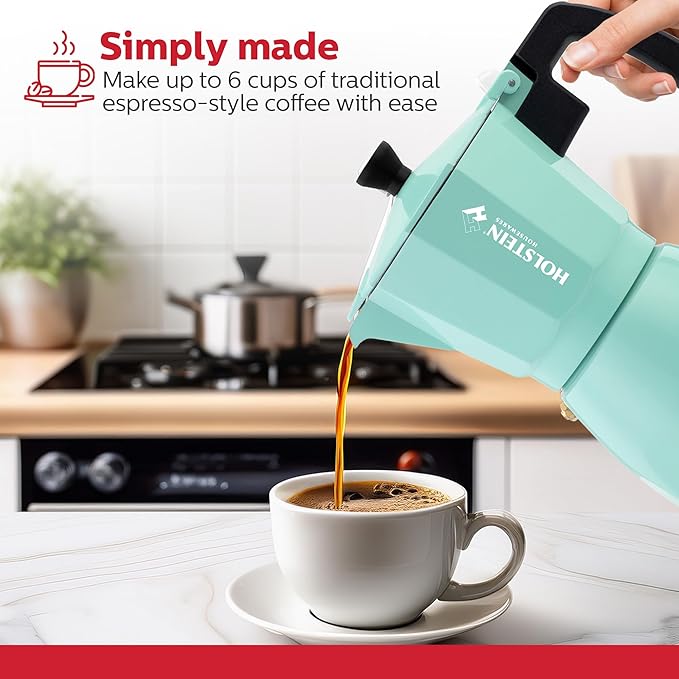 Holstein Housewares - 6 Cup Aluminum Stovetop Espresso Maker and Moka Pot - Great Tasting Traditional Espresso Coffee, Italian and Cuban Café Brewing in Minutes, Mint