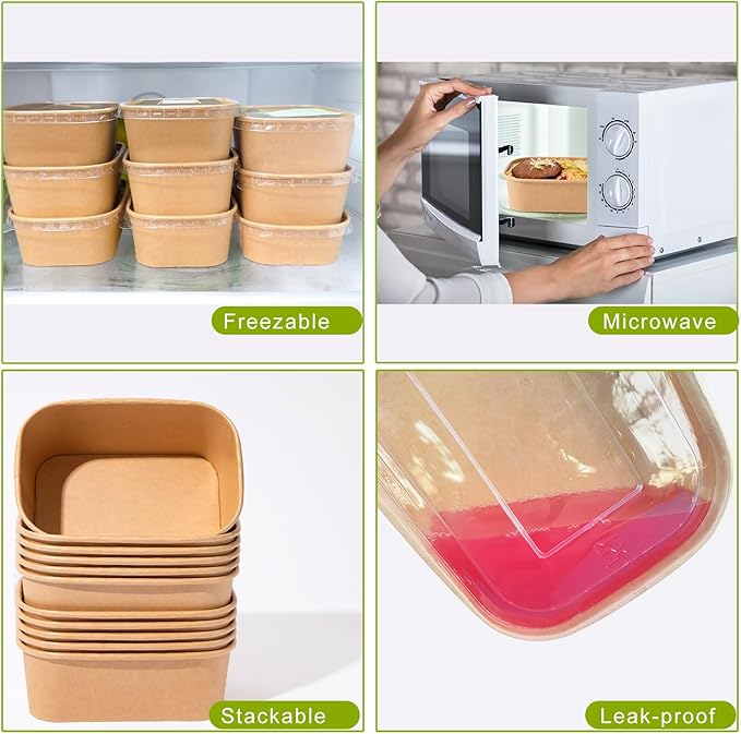 MINCOCO 50 Count Disposable Paper Bowls with Lids Meal Prep Containers 【Includes 50 Wooden Forks + 100 Labels】 Salad Food Containers Freezer & Microwave Safe Leakproof Soup Bowls (25 Ounce, 50-Count)