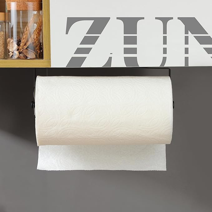 ZUNTO Black Paper Towel Holder Cabinet Door or Under Cabinet - Self Adhesive Big Roll Rack, Wall Mount Paper Towel Bar for Kitchen, Stainless Steel,