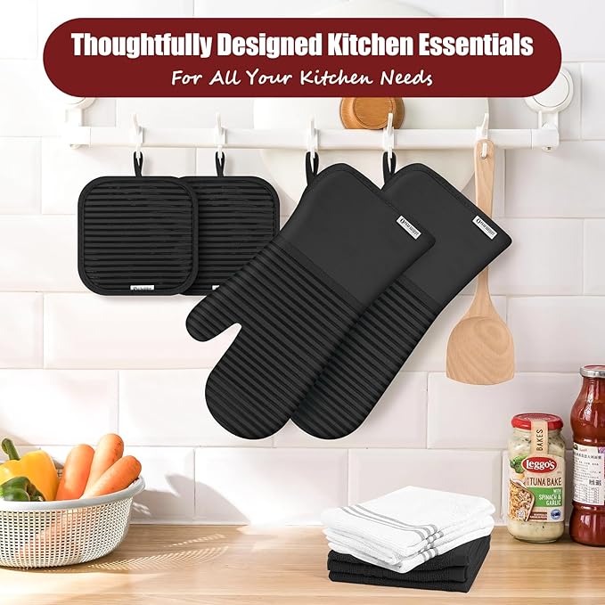 Oven Mitts and Pot Holder Sets with Silicone Grip, 500°F Heat Resistant-6 Pack Dishcloth/Dish Towels for Kitchen 100% Cotton-Value Kitchen Essentials for Cooking, Baking, Grilling-Black