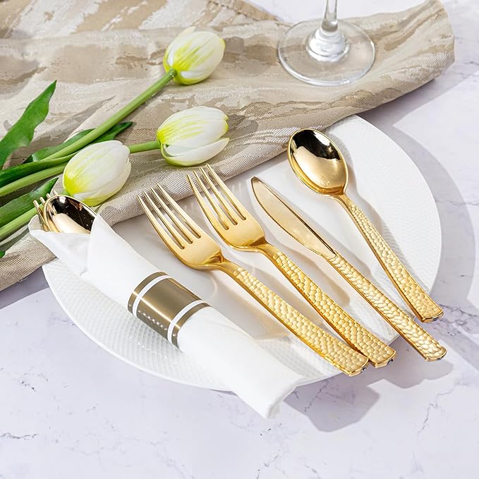 WELLIFE 50 Pack Gold Plastic Silverware with Pre Rolled Napkins,Gold Disposable Utensils, Includes: 50 Forks,50 Knives,50 Spoons,50 Napkins,gold Silverware Disposable for Thanksgiving