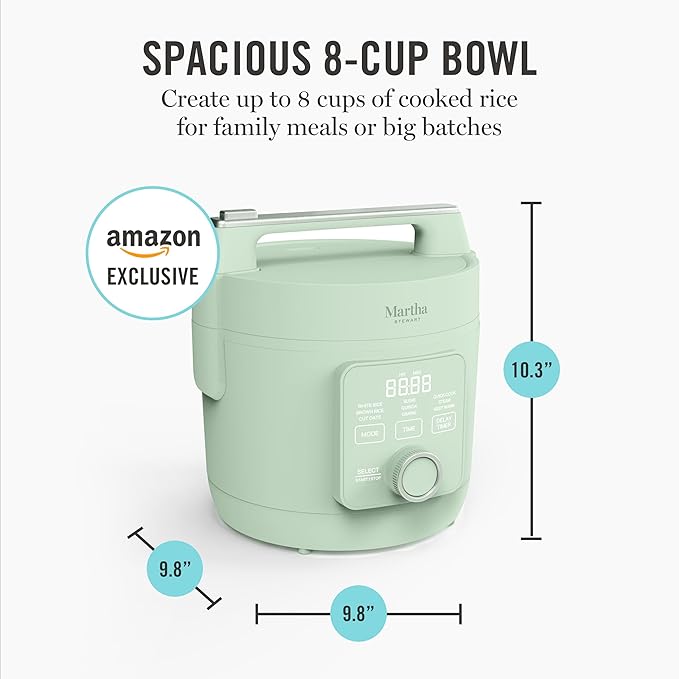 Martha Stewart Rice Cooker, 4 Cup (Uncooked) / 8 Cup (Cooked), Ceramic Non-Stick Removable Pot, Keep Warm, Measure Markings, Steam Basket, Brown & Sushi Rice, Quick Cook, Quinoa, Grains, Oats, Honeydew Green