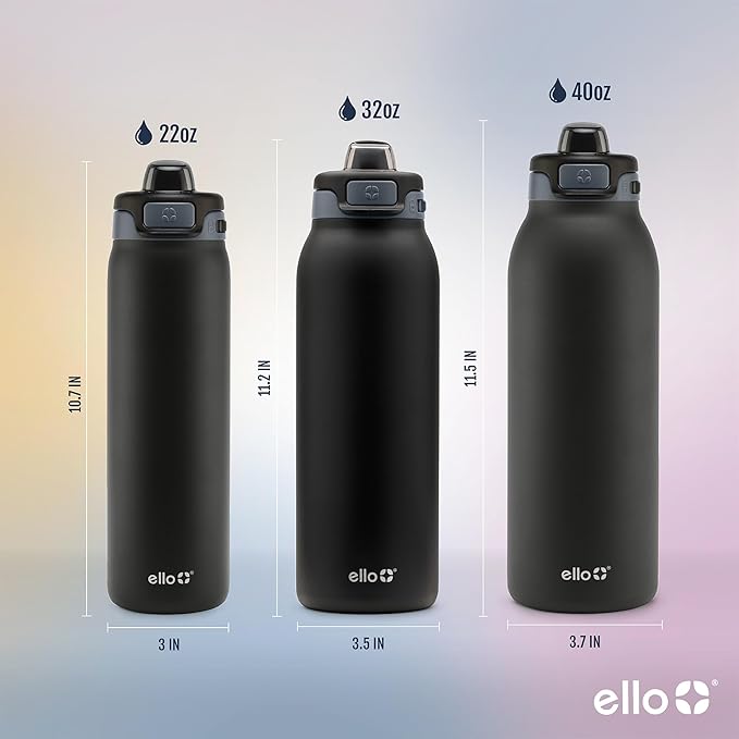 Ello Pop & Fill 22oz Stainless Steel Water Bottle with Quick Fill Technology, Double Walled and Vacuum Insulated Metal, Leak Proof Locking Lid, Sip and Chug, Reusable, BPA Free, Black