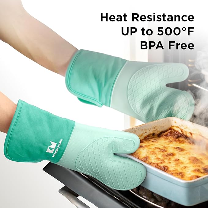 Kitchen Mama UltraShield Silicone Oven Mitts – Heat Resistant, Non-Slip Surface, Durable, Safe, Pot Holders, Flexible Waterproof Glove Set, Perfect for Cooking, Baking, Grilling, BBQ (Teal)