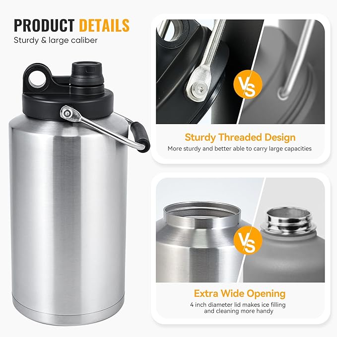 Kerilyn Insulated Gallon Jug with Handle, One Gallon, 128 Ounces, Stainless Steel, Large Double Vacuum Water Bottle for Hot & Cold Drinks, Wide Mouth, Sweat Proof, Great for Travel, Camping