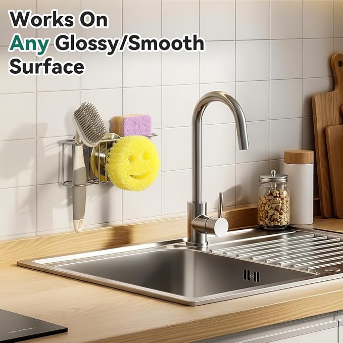3-IN-1 Multiuse Sponge Holder for Kitchen Sink, Sponge Caddy for Scrub Daddy/Scrub Mommy Smiley Face, Sink Organizer Accessories for Dish Brush, Scrubber - with 2 Suction Cups & 1 Adhesive Hook