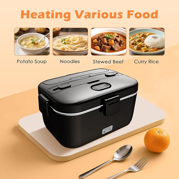 COZYEXPERT Electric-Lunch-Box-Heated-Food-Warmer 100W Heating Lunchbox for Adults 1.8L Portable Food Heater for Work/Car, 12V/24V/110-230V Lonchera Eléctrica Portátil with Fork Spoon (Black)