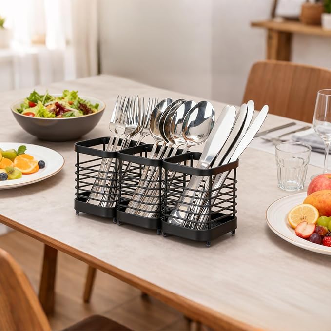 Utensil Holder, Stainless Steel Utensil Drying Rack for Kitchen Counter, Silverware Cutlery Flatware Holder Forks, Knives, Spoons, Chopsticks Organizer (Black)