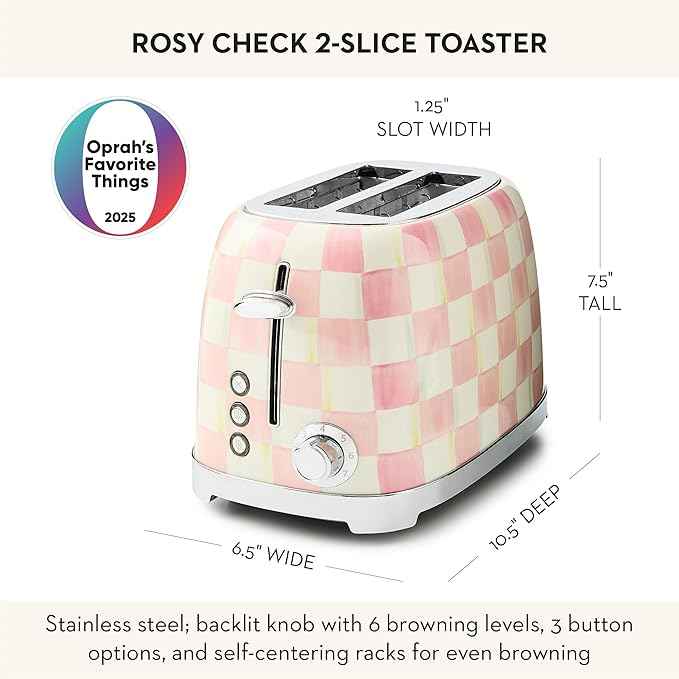 MACKENZIE-CHILDS 2-Slice Toaster, Decorative Toaster for Kitchen, Pink-and-White Rosy Check