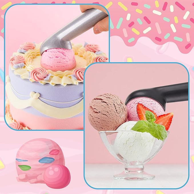 Gejoy 12 Pcs Ice Cream Scoops Bulk, 7 Inch Nonstick Anti Freeze Ice Cream Scooper Aluminum Design Dessert Spoon for Gelatos Frozen Yogurt Fruit Sundaes Sorbet Almond Cookie Dough(Black and Silver)