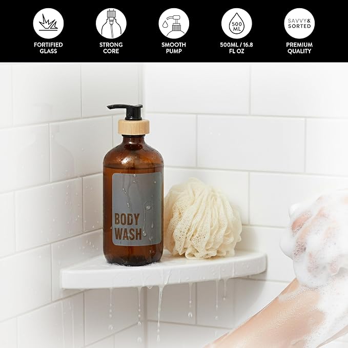 SAVVY & SORTED Amber Glass Soap Dispenser with Pump, Body Wash Soap Dispenser, Refillable Hand Soap Bottle for Bathroom, Matching Body Lotion Bottle Available, 17 Fl Oz / 500 ml