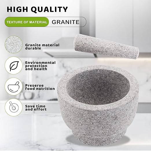 Mortar and Pestle Set,Heavy Duty,Unpolished Granite,8Inch-5Cup Capacity,Grinder for Spices and Seeds,Grinding,Crushing and Mashing Spices,Nuts,for Guacamole,Garlic Sauce,Gray.