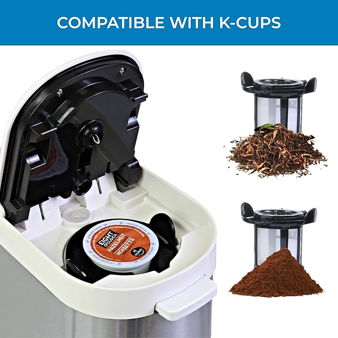 Kenmore Single Serve Coffee Maker – Compatible with Keurig K‑Cup Pods & Ground Coffee, One Cup Brewer, 6–12 Oz Brew Sizes, Travel Mug Friendly, Auto Shut‑Off, Hot & Iced Maquina de cafe, White