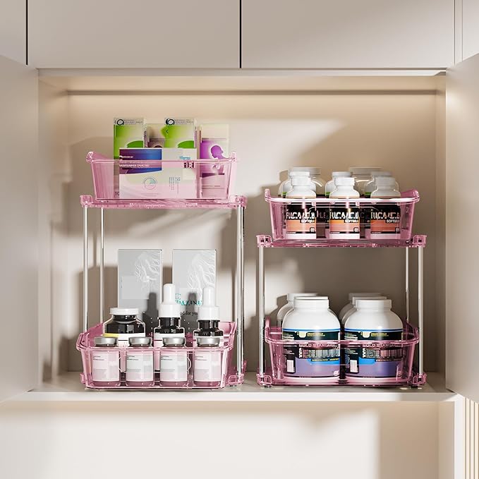 Delamu 2-Tier Under Sink Organizers and Storage, Multi-Purpose Stackable Bathroom Cabinet organizers, Pull Out Kitchen Pantry Organization and Storage with Dividers(2 Pack, Pink)