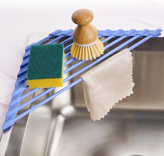 Tomorotec Compact Silicone-Coated Triangle Dish Drying Rack for Sink Corner - Foldable Stainless Steel Over-The-Sink Organizer and Storage Shelf (Blue)