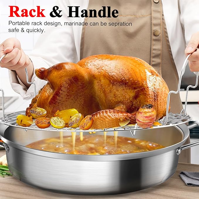 GRILL BUMP Roasting Pan, 21x13x11 Inch, Silver, Rectangular, Stainless Steel, 25LB Capacity, Turkey & Chicken Roaster with Rack and Lid