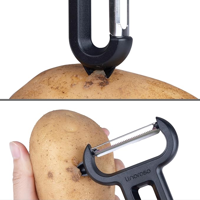 Linoroso 2 Pieces Vegetable Peeler Set with Straight Peeler and Serrated Peeler, Dishwasher Safe Classic Euro Fruit Peeler for Kitchen, Potato Peelers for Peeling veggie and Food, Black