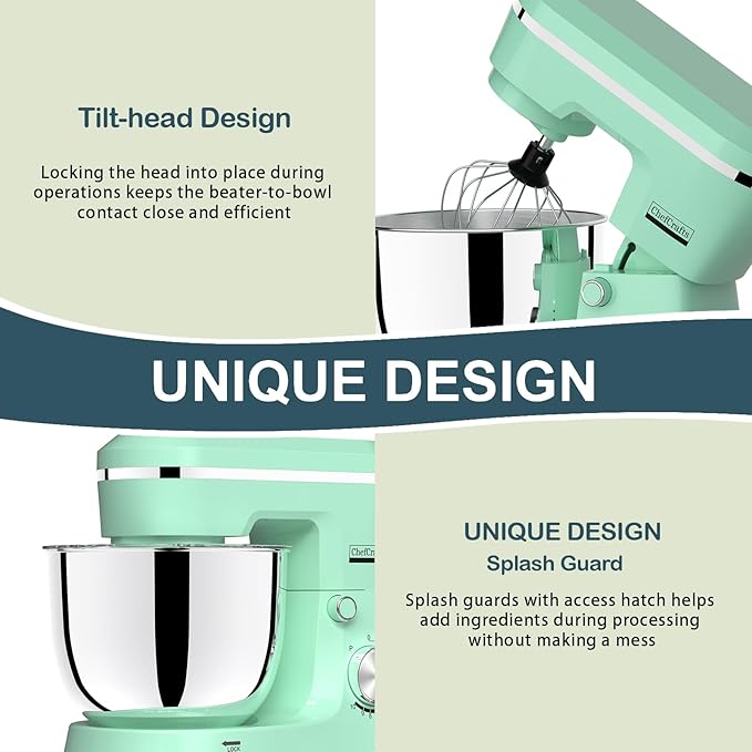 Electric Stand Mixer with 6.5 Quart Bowl, Household Food Mixer 10+p Speeds 660W, Tilt-Head Bread Dough and Cake Mixers with Dough Hook, Whisk, Beater, Splash Guard and Egg Separator (Blue)