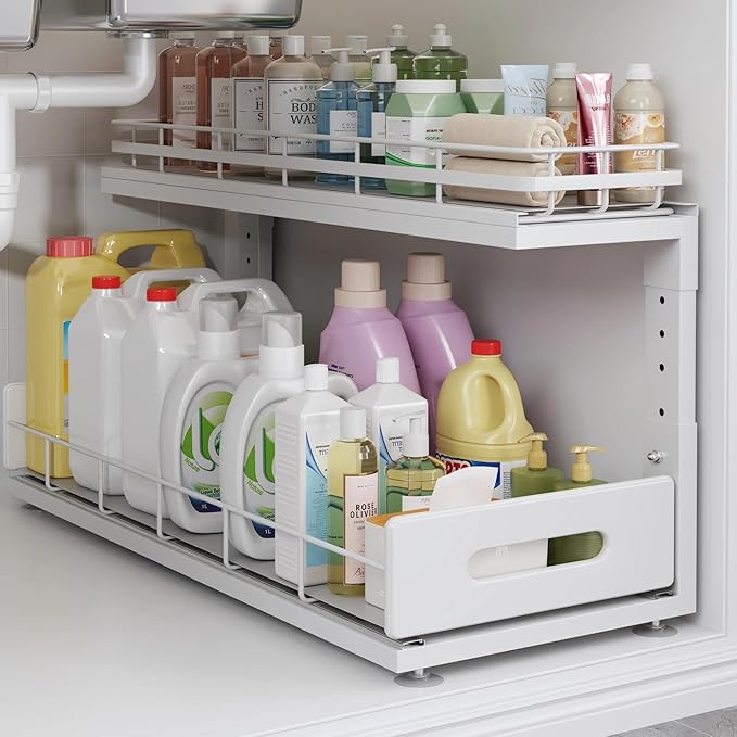 Under Sink Organizer Upgrade To Professional Rails,2-Tier Dual Pull Out Cabinet Storage,Height Adjustable Slide Out Drawers For Bathroom Kitchen,1 Pack-21"Dx12.8"-16.9"H,White