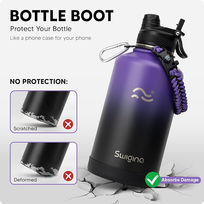 Swigina [2-IN-1 LID] 64 oz Insulated Water Bottle with Silicone Boot (48hrs Cold/24hrs Hot) - DIY Stickers, Leakproof, BPA Free, Half Gallon