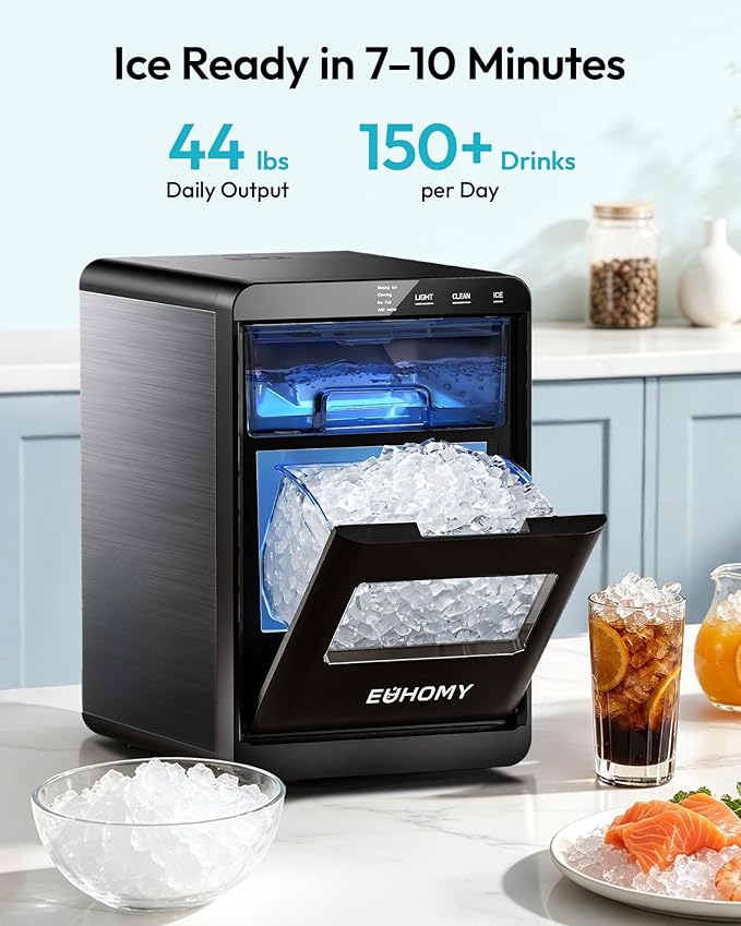 EUHOMY Nugget Ice Maker Countertop, 44Lbs/24H Sonic Ice Maker Machine, Self-Cleaning Pellet Ice Makers with Ice Scoop&Basket, Countertop Pebble Ice Maker for Home/Kitchen/Office