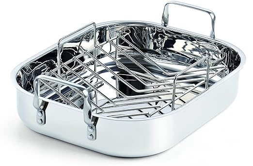 Cooks Standard Stainless Steel Roaster Pan with V-Shaped Rack, Inner 14-Inch x 11-Inch; Edge 15-Inch x 12-Inch; Turkey Roasting Pan Bakeware for Oven, Rectangular