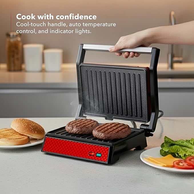 OVENTE Electric Indoor Panini Press Grill and Sandwich Maker with Non-Stick Coated Plates, Cool-Touch Handle and Removable Drip Tray, Opens 180 Degrees to Fit Any Type or Size of Food, Red GP0620R