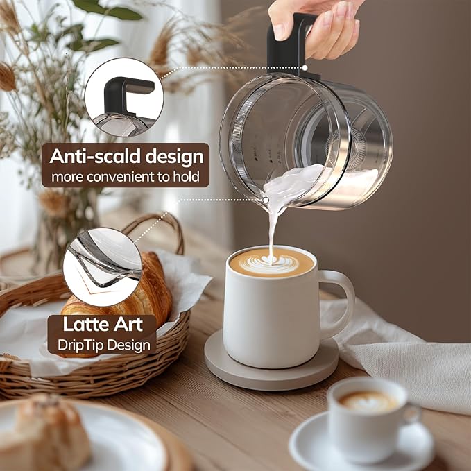 Large Electric Milk Frother and Steamer, 16.9oz/500ml Milk Steamer and Frother for Latte or Hot Chocolate, Dishwasher Safe, BPA Free, 6 Functions, Enjoy Perfect Milk Froth in 2 Min (Black-Glass)