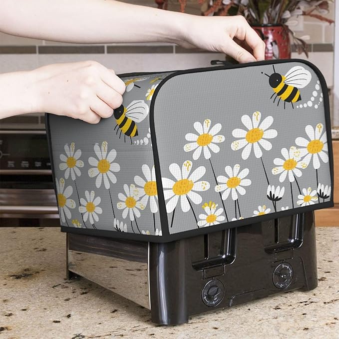 Toaster Cover 4 Slice Cute Bee Daisy Floral Waterproof Appliance Cover with Hang Loop Bread Baker Toaster Cover for Kitchen